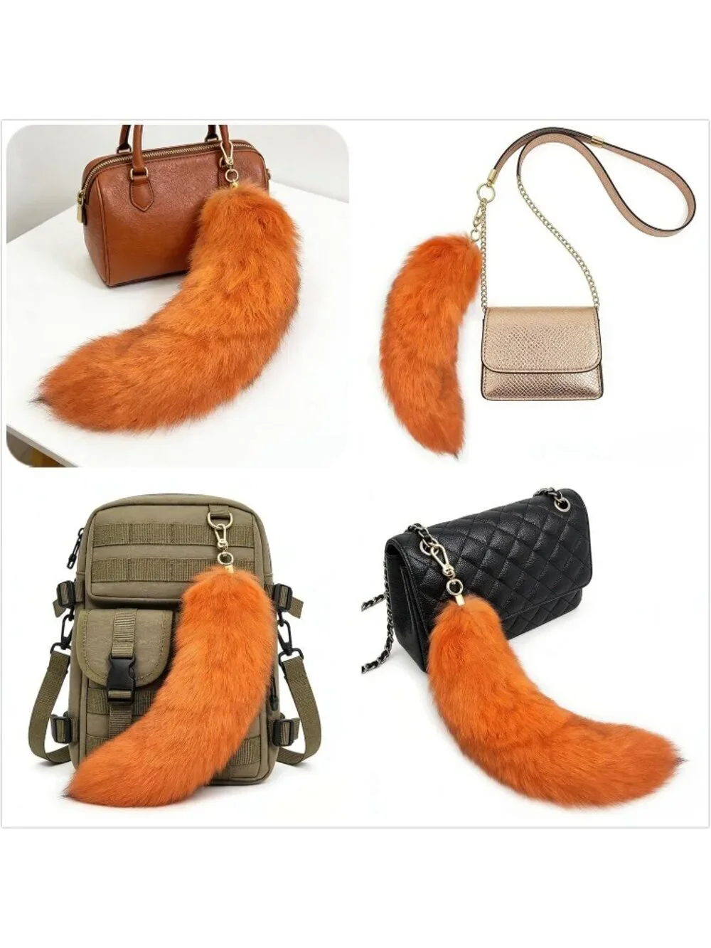 Women's Orange Fluffy Fox Tail Cosplay Keychain Birthday Party Costume Handbag
